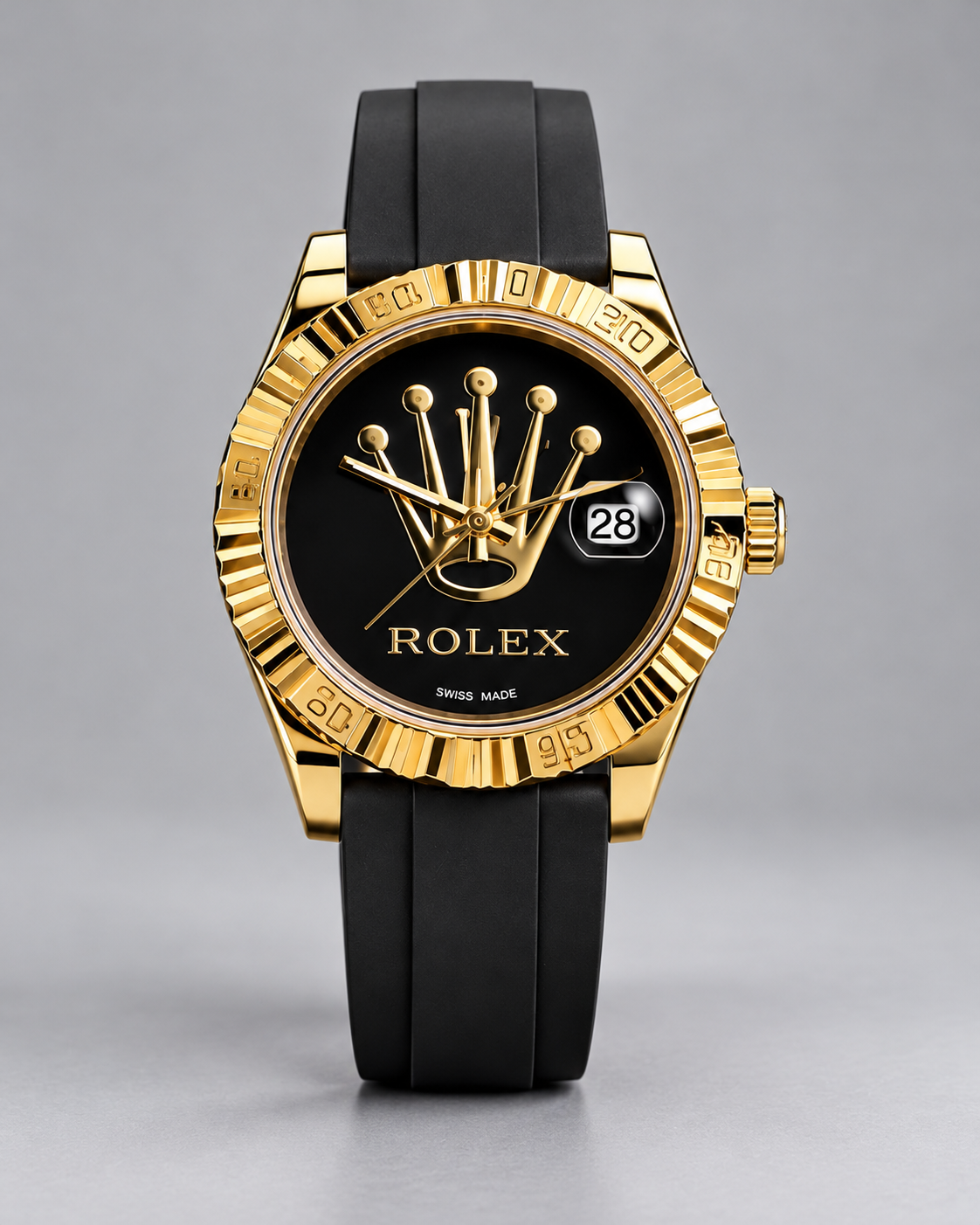 ساعت مچی مردانه طرح رولکس Rolex صفحه مشکی طلایی با بند سیلیکونی مشکی