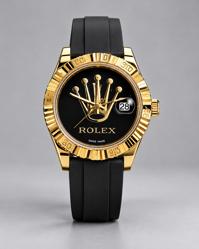 ساعت مچی مردانه طرح رولکس Rolex صفحه مشکی طلایی با بند سیلیکونی مشکی